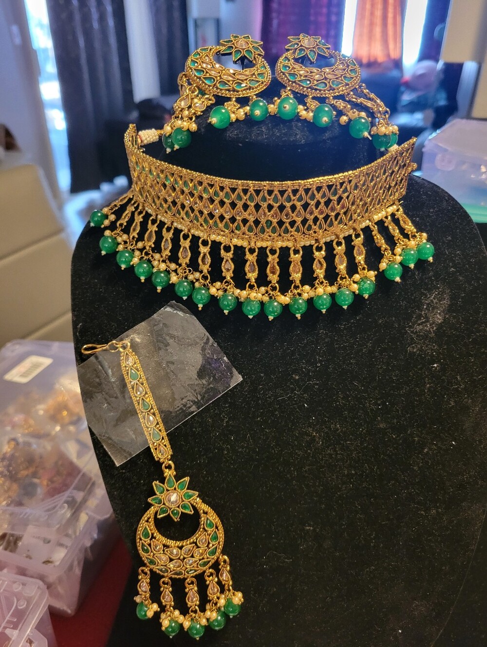Traditional Gold-Tone Choker Necklace Set with Green Beads - Brand